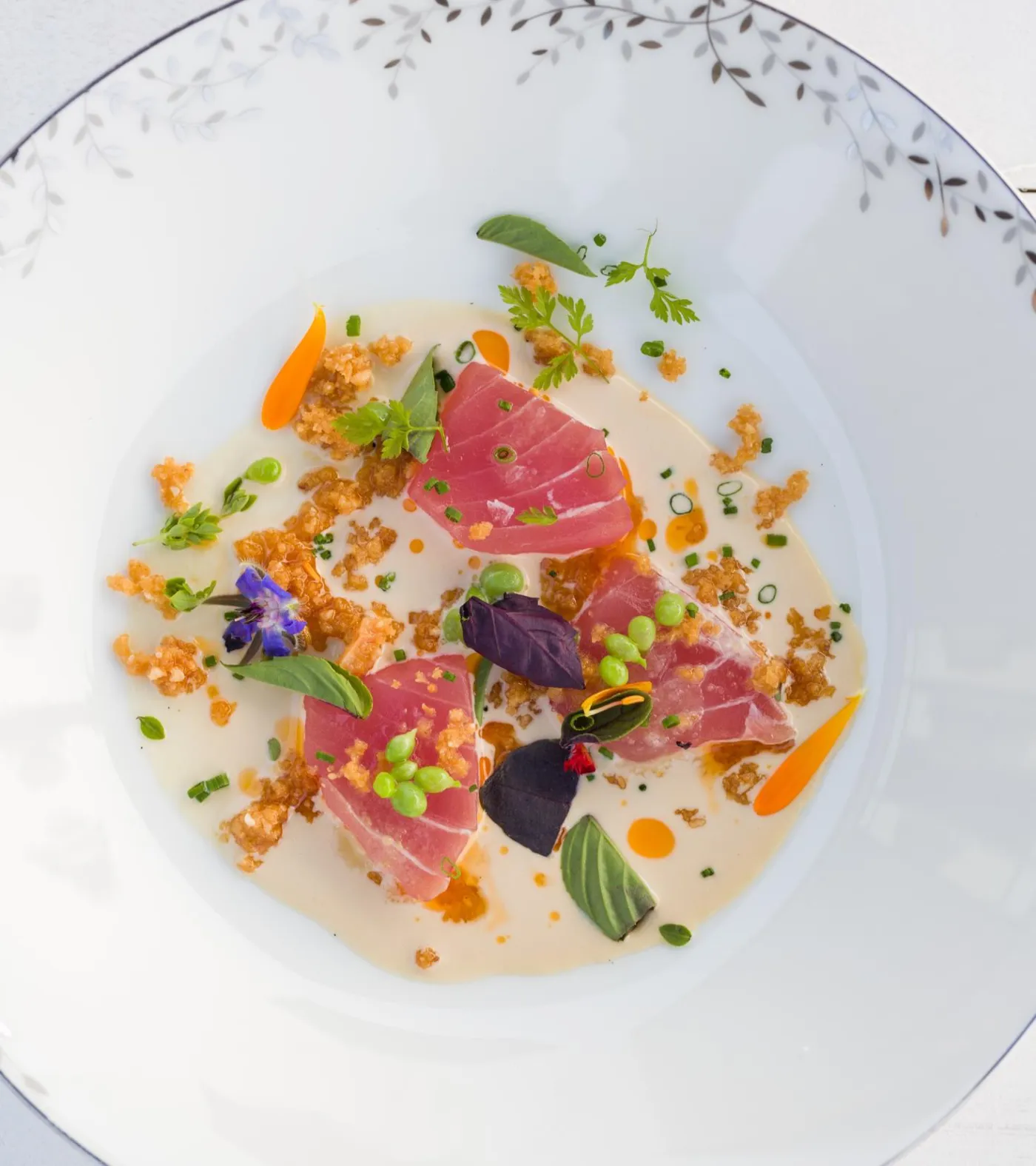 A finely plated dish of tuna and garden vegetables