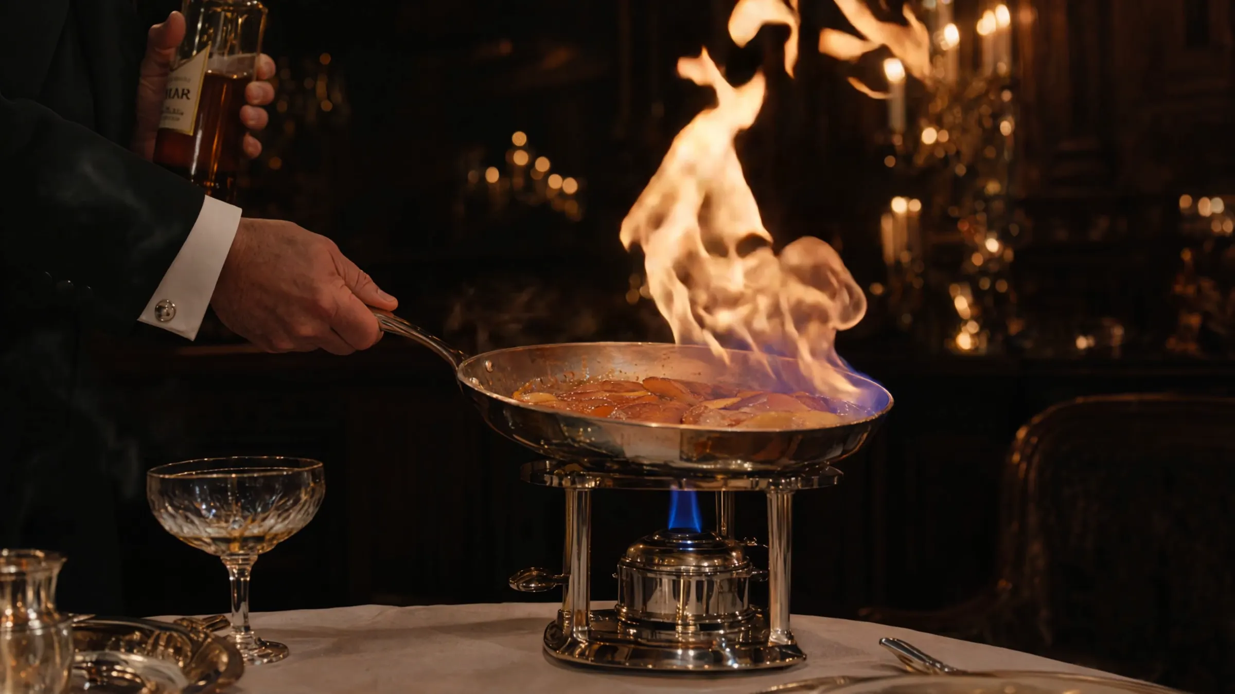 A chef's steel pan erupts in a column of crimson flame.