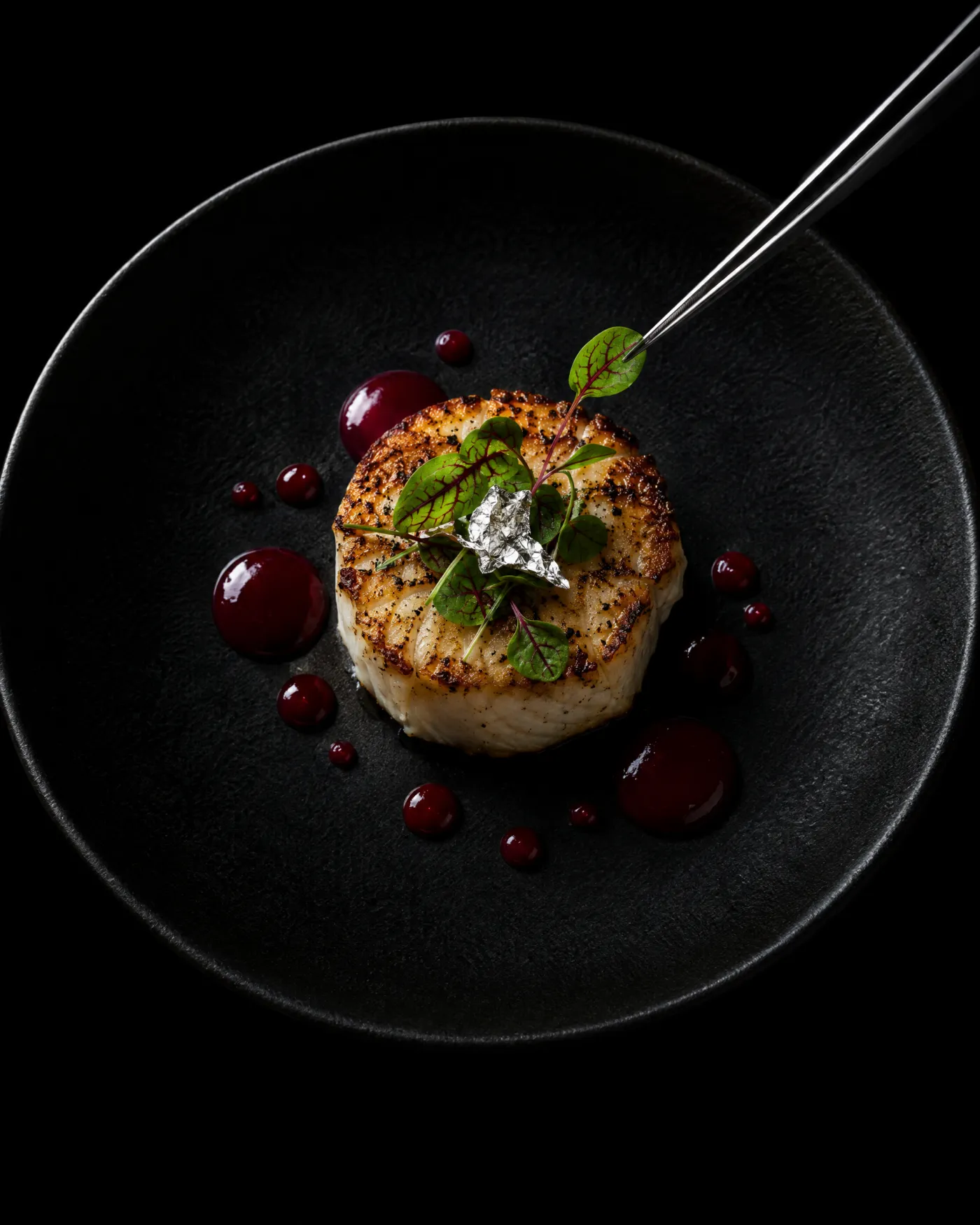 A plated dish of seared halibut with red beurre rouge and silver leaf, tweezers entering the frame.